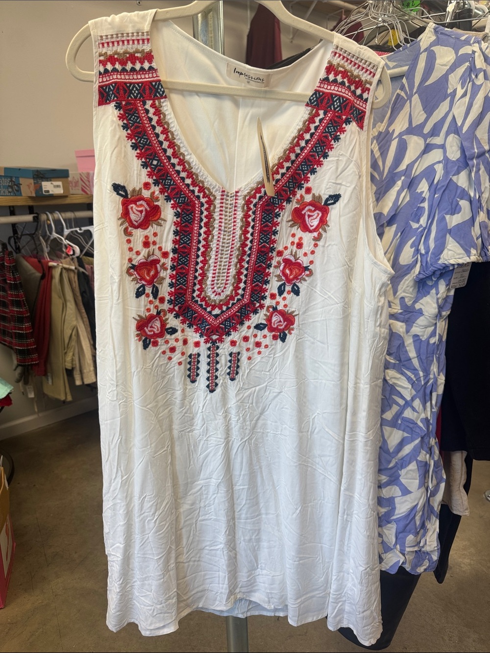 Impressions White Sleeveless Tunic with Red and Navy Embroidery